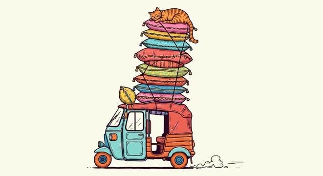 Colorful Tuk Tuk, overloaded with surfboards, beach vacation, transportation, vector illustration