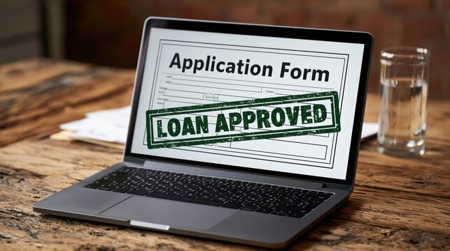 Laptop screen shows loan application form with approved stamp