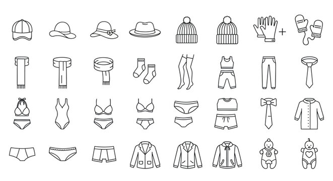 Fashion clothing icons, outfit elements, accessories set, 40 line style illustrations, black and white