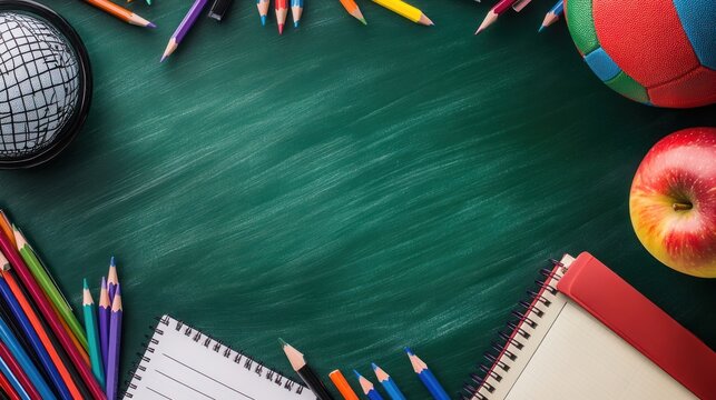 School supplies frame chalkboard. Education theme, back to school, teaching resource