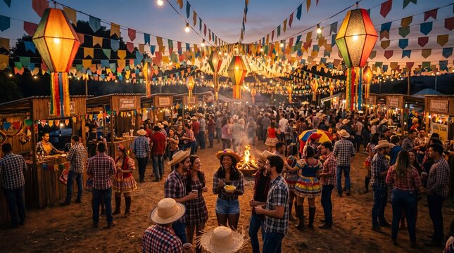 Happy young friends celebrating a traditional Brazilian Festa Junina outdoors with colorful flags and lanterns at sunset