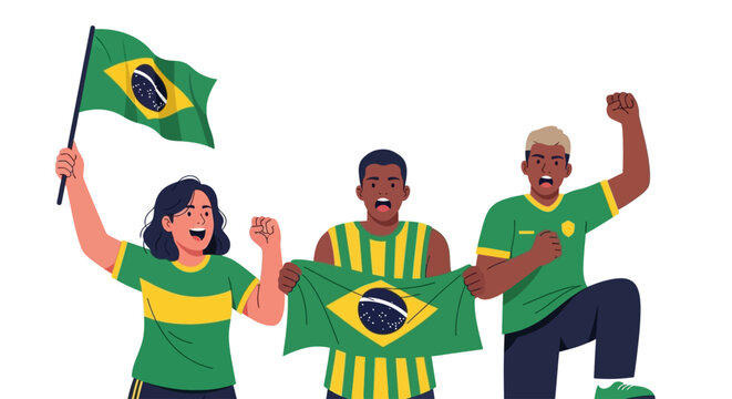 Brazilian fans, soccer supporters, green yellow jerseys, flag waving