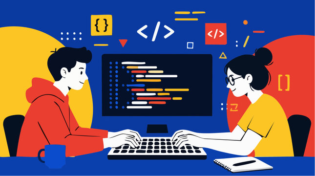 Two young interns typing code together on a computer in a vibrant vector graphic illustration, showcasing modern web development teamwork and programming productivity for corporate digital projects.