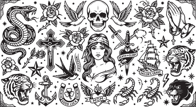 Traditional tattoo flash sheet with diverse imagery