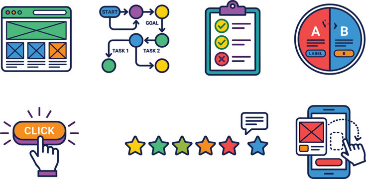 UI and UX Design Icon Vector Set Featuring Web Wireframe, Workflow Flowchart, Checklist, A/B Testing, Clickable Button, Star Rating, and Mobile Interface Illustrations