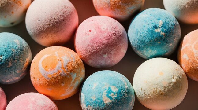 Group of fizzy multicolored bath bombs. Round balls colored blue pink orange white for bathing. Handmade aromatic spa products for relaxation and body care.