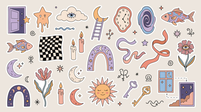 Mystical surrealist sticker set with celestial sun and moon icons. Dreamy aesthetic vector collection featuring melting clocks, magic keys, and cosmic symbols.