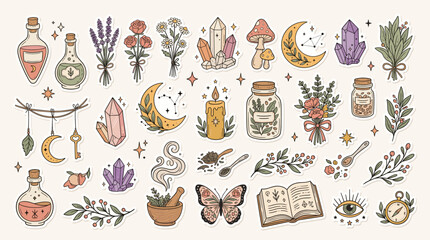 Mystical celestial witchy aesthetic vector set, magic alchemy icons with crystals and herbs, bohemian occult stickers for journals and scrapbooking © DesignAura