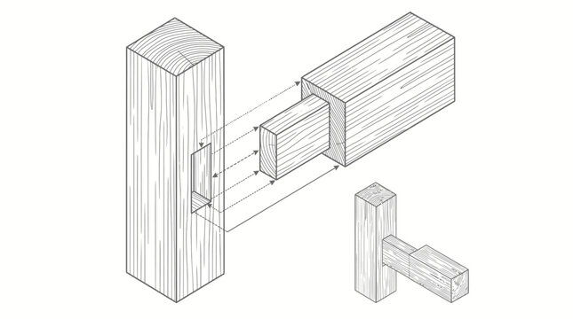 Isometric Illustration of Through Mortise and Tenon Wood Joint with Wedge Assembly, isolated white background