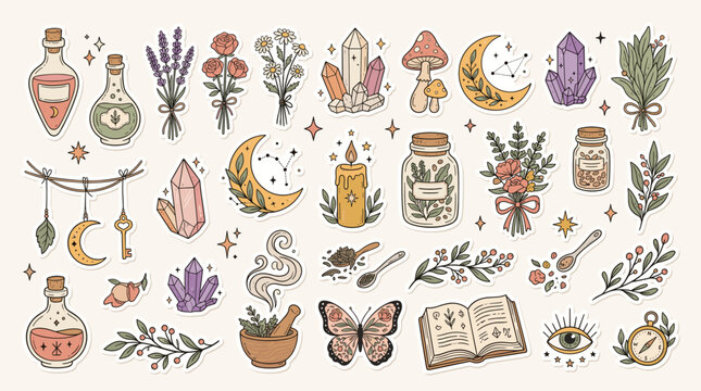 Mystical celestial witchy aesthetic vector set, magic alchemy icons with crystals and herbs, bohemian occult stickers for journals and scrapbooking