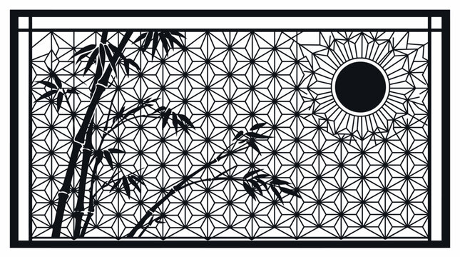 Traditional Japanese Bamboo and Asanoha Geometric Pattern Panel with Sun or Moon Motif, isolated white background