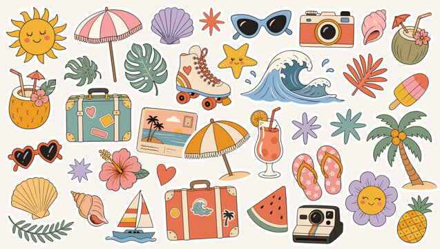 Retro summer sticker set, vintage beach vacation vector icons, 70s aesthetic travel elements, groovy tropical holiday clip art collection