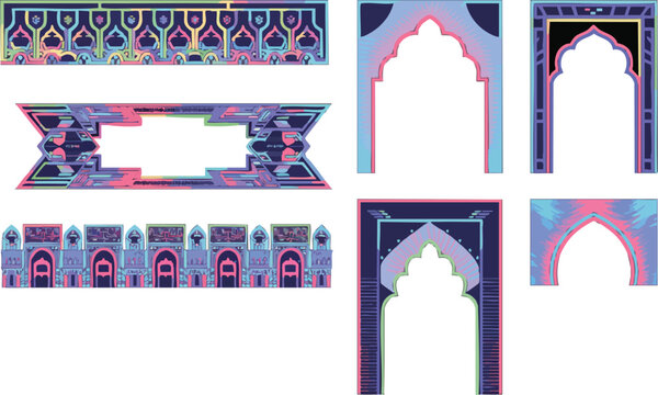 Futuristic cyberpunk abstract arches and borders with glowing neon geometric patterns and modern techno elements