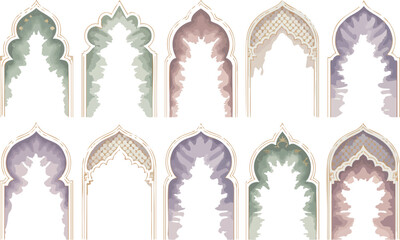 Islamic arch frames set with watercolor texture for ramadan mubarak greeting card or religious holiday event background © MDMUKTADIR