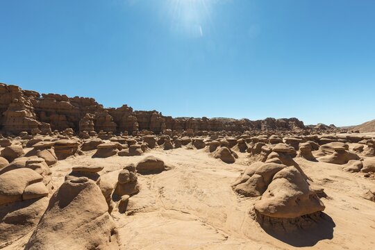 Eroded hoodoos, Entrada Sandstone rock formation, Goblin Valley State Park, San Rafael Reef Desert, Utah, Southwest, USA