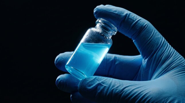 Blue laboratory liquid bottle held with protective gloves on dark background. Scientific research, healthcare, chemistry, and pharmaceutical concept.