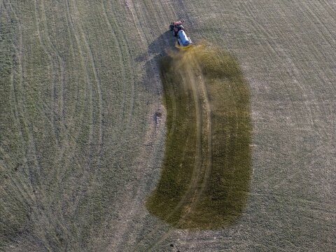 Tractor, slurry tank, manure, agriculture, aerial view, foothills of the Alps, Bavaria, Germany