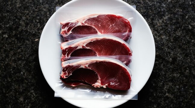 Three vacuum-sealed raw venison loin steaks neatly arranged on white plate. Rich red meat contrasts with clear plastic packaging. Cut fine marbling, fresh appearance, ready for meal preparation.