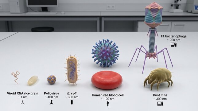Comparative scale illustration showing the relative sizes of various microorganisms, cells, and a dust mite, including viruses, bacteria, and human blood cells.