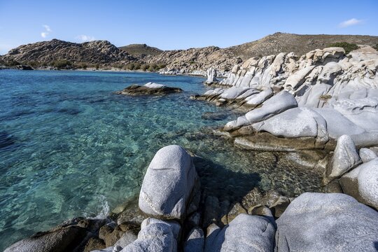 Rock formations on the coast with turquoise sea, Kolimbithres beach, Paros, Cyclades, Aegean Sea, Greece