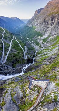 Aerial view, Plattingen viewing platform, hairpin bends at the mountain road Trollstigen, near &Aring;ndalsnes, M&oslash;re og Romsdal, Vestland, Norway