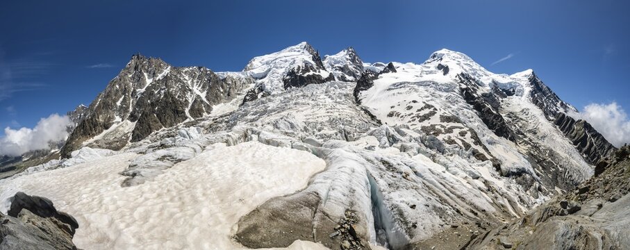 La Jonction, glacier tongue, Glacier des Bossons meets Glacier de Taconnaz, summit of Aiguille du Midi, Mont Maudit, Mont Blanc and Aiguille de Bionnassay, Chamonix, Haute-Savoie, France