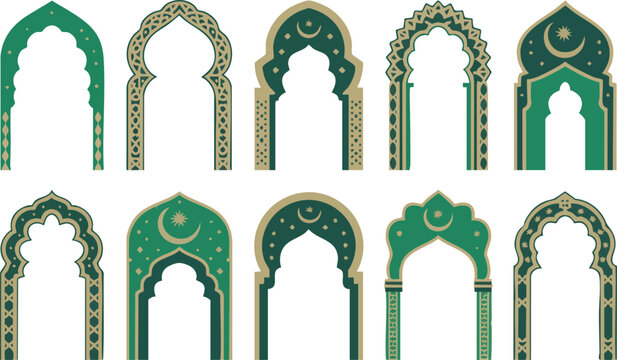 Set of minimalist islamic arches and windows with traditional star and crescent moon motifs