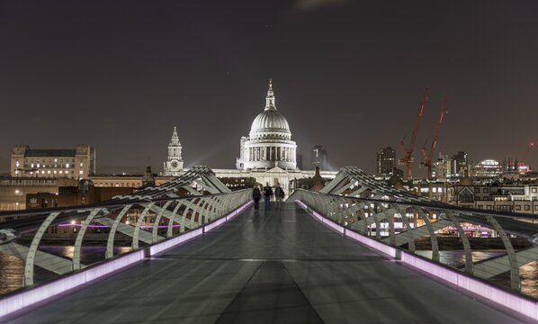 Millenium Bridge and St Paul's Cathedral by night, London, England, Great Britain