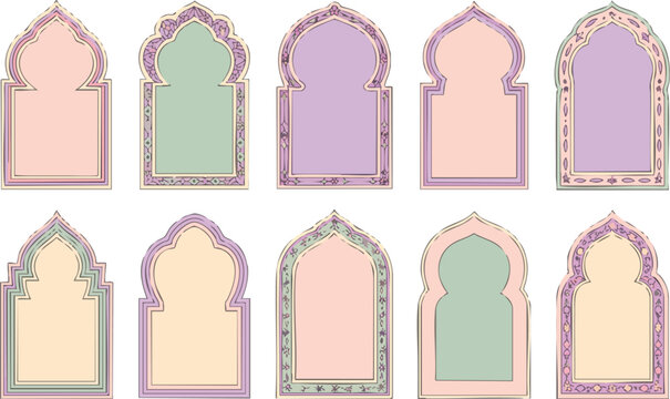 Set of ten decorative islamic arch frames for cards or invitations with pastel colors and intricate oriental patterns