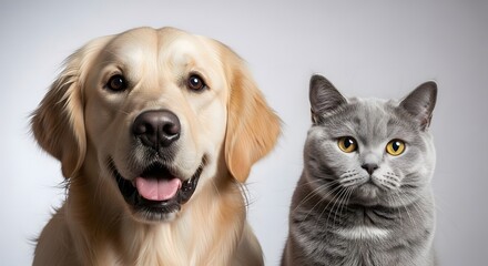 Obraz premium Adorable Labrador Retriever and Gray Cat Side by Side Portrait.
