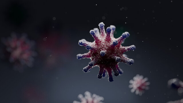 A colony of hantavirus under a microscope. A detailed 3D image of infectious viral particles.	