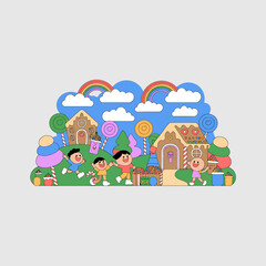 Fototapeta premium Whimsical candy land landscape with gingerbread houses and children playing under rainbows