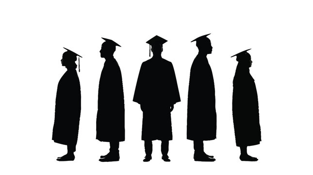 Group of university students wearing graduation gowns and caps standing together in this artistic silhouette photograph