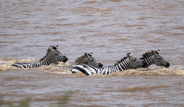Steppe zebras (Equus quagga) swimming in the water while crossing the Mara River, Great Migration, Serengeti National Park, Tanzania