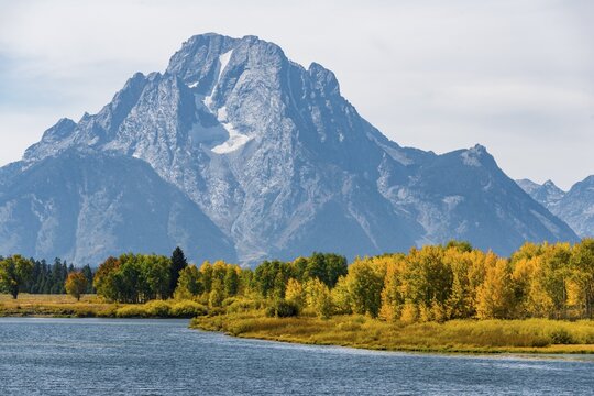 Snake River at Oxbow Bend, back Mount Moran, Teton Range, Grand Teton National Park, Wyoming, USA