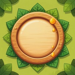 Obraz premium Round wooden frame with leaves. Empty space for text or game elements. Natural theme design for app interface or label. Fresh green background with wood texture.