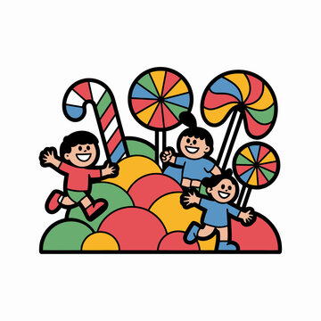 Happy children playing in a colorful fantasy land with giant candy and lollipops