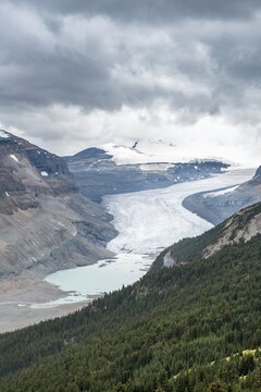 View in valley with glacier tongue, Parker Ridge, Saskatchewan Glacier, Athabasca Glacier, Jasper National Park National Park, Canadian Rocky Mountains, Alberta, Canada