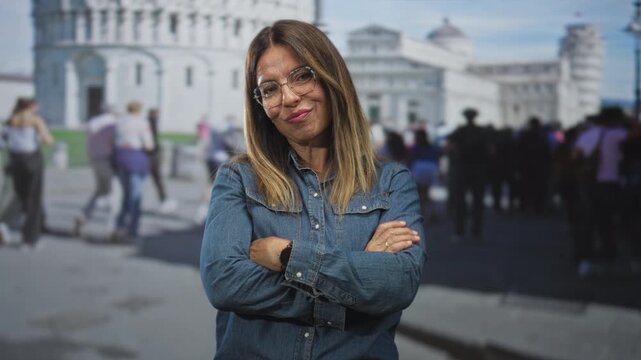 Woman arms crossed smiling in denim shirt standing before a busy historic building with tourists in a piazza; confidence.