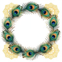 Obraz premium Peacock feather border design with gold mandala elements. Elegant natural frame, ornate circular layout. Ideal for invitations, cards, digital art.