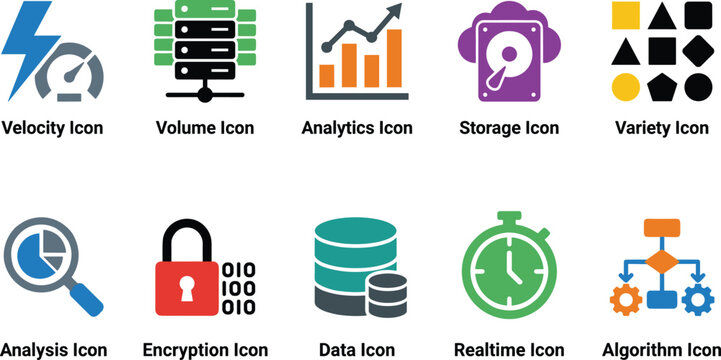 Big Data and Analytics Icon Set Featuring Velocity, Volume, Storage, Algorithm, Encryption, and Data Management for Data Science, IT, and Technology Designs