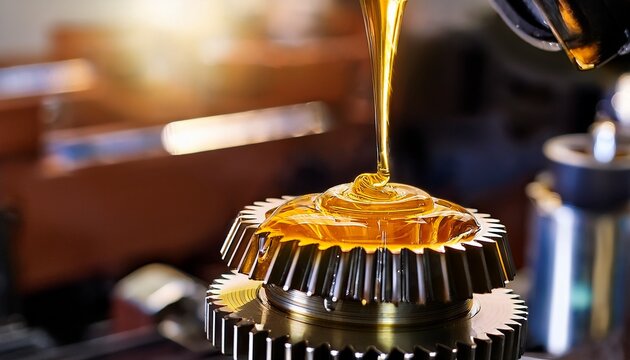 detailed close up of a transmission gear assembly being lubricated golden oil shining under workshop lighting