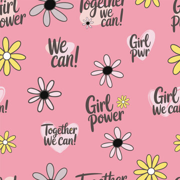 Empowering seamless pattern with Together We Can quotes, hearts, and daisies. Trendy Y2K aesthetic for feminist apparel, stationery, and gift wrap.