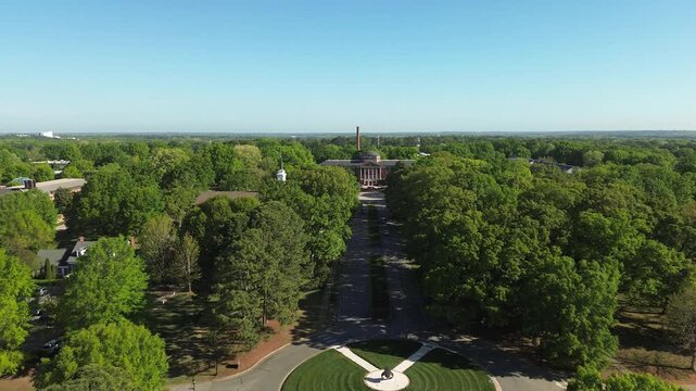 Aerial approach shot of the campus of Meredith College in Raleigh, NC