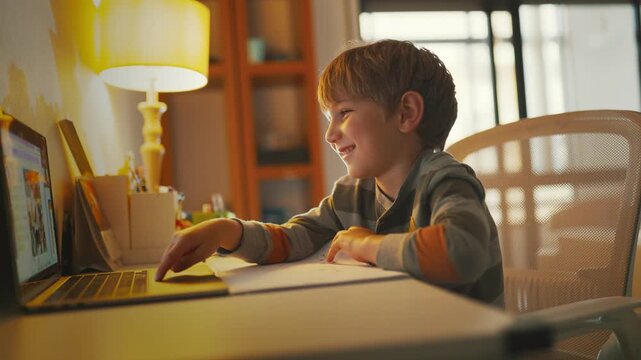 Child smiles while working on computer at home in light-filled room during evening hours