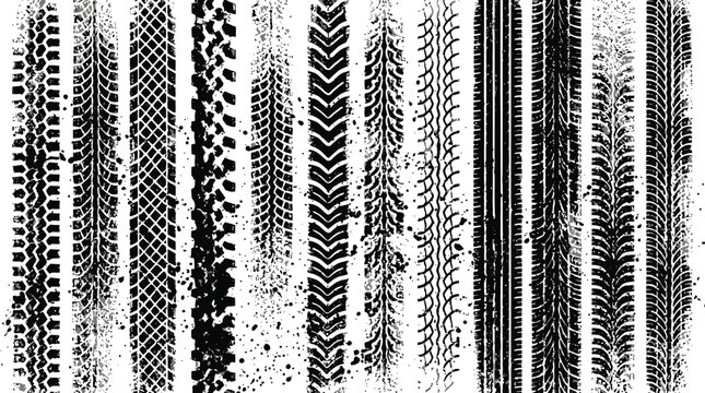 Various black ink tire tread marks printed on a white surface in this artistic photograph