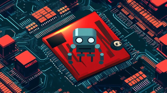 A stylized robot on a red microchip, integrated into a complex circuit board.