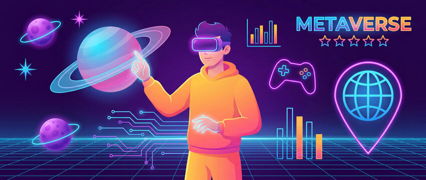 A futuristic man wearing VR headset interacting with a virtual planet in a neon-lit digital world with Metaverse elements and symbols