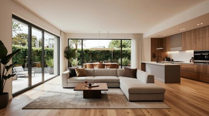 Fototapeta premium Modern open plan living room with kitchen, large glass doors opening to garden patio. Spacious interior features sectional sofa, dining table, island, wood cabinets. Elegant design for lifestyle real