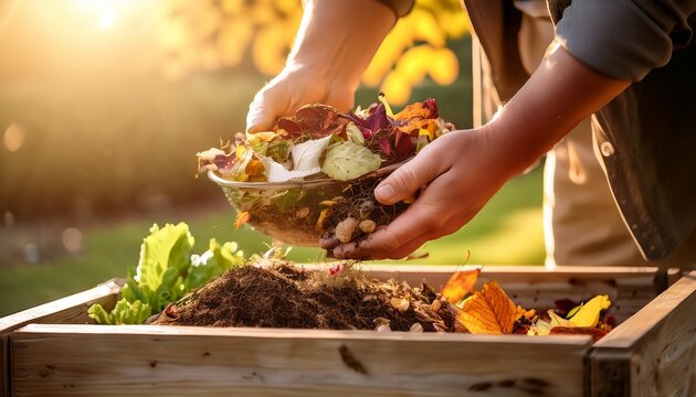 hands layering vegetable scraps and brown leaves into backyard compost bin beside garden beds close up shot golden hour light lifestyle photography composting worm farm